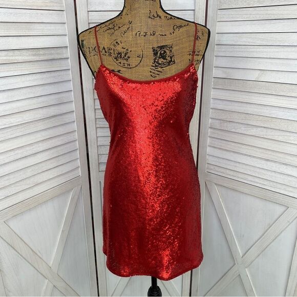 Zara Sequin Cowl Back Cocktail Mini Slip Dress Red Small - Picture 2 of 13